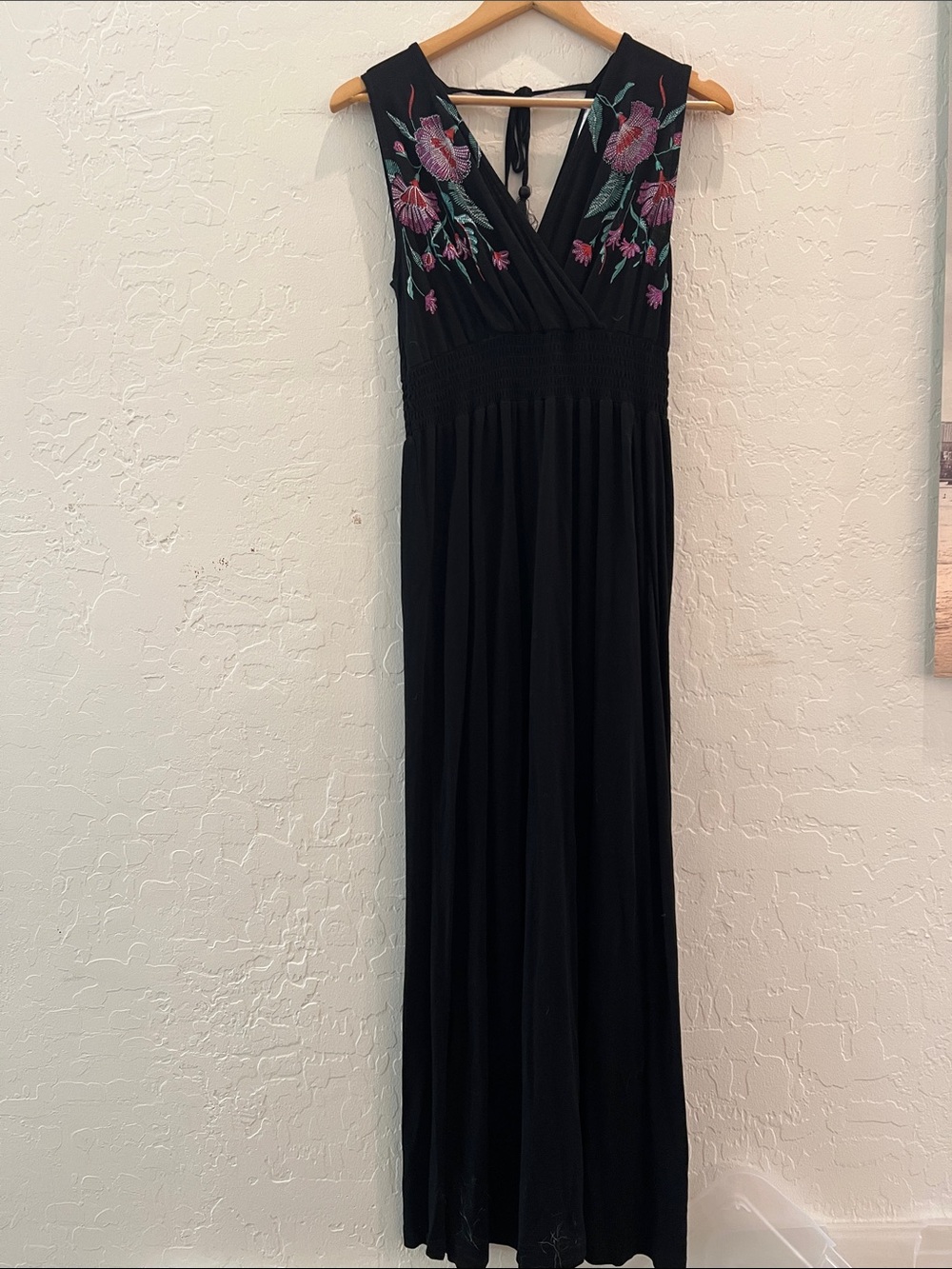 NWOT Black Maxi Dress with Pink Floral Embroidery V-Neck, V-back